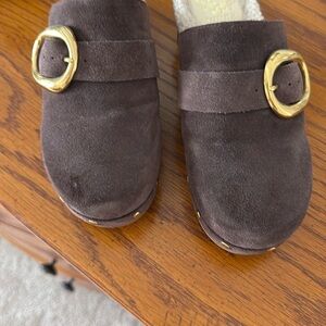Brown Suede Clogs with Gold Buckle
